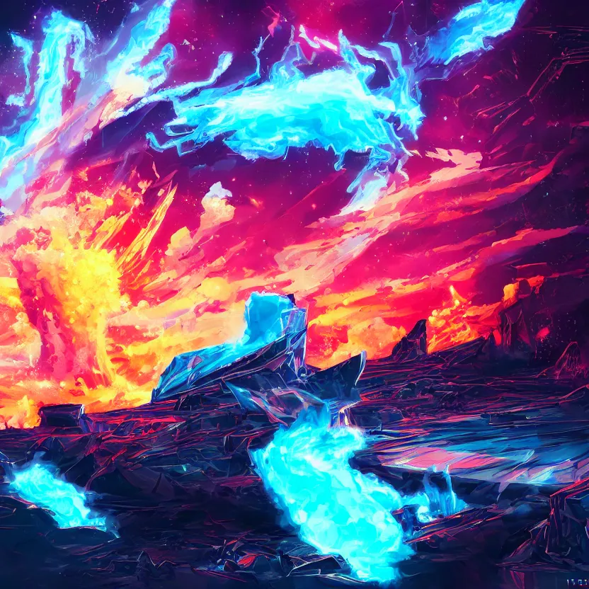 Image similar to explosions of ice and fire, retrowave epic art, trending on art station