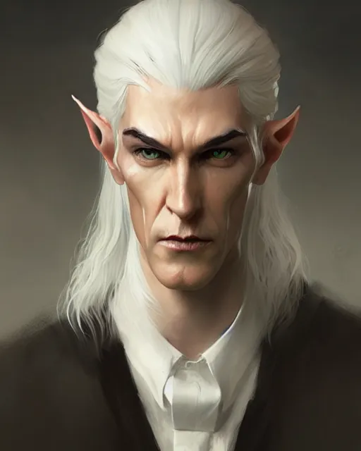 Prompt: character portrait of a slender half - elven man with white hair, by greg rutkowski, mark brookes, jim burns, tom bagshaw, trending on artstation