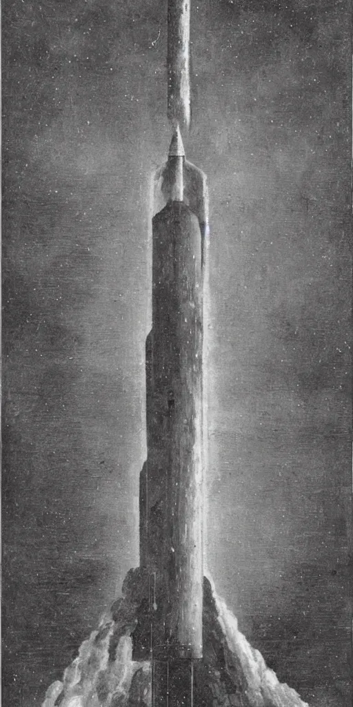 Image similar to primitive rocket launch in the style of hugh ferriss