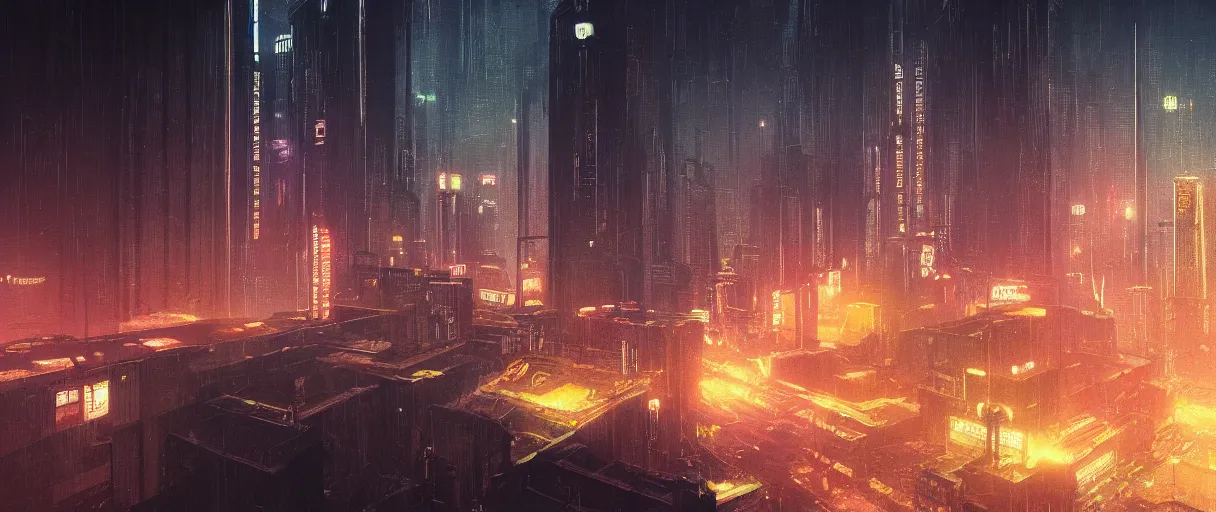 Prompt: landscape of a brutalist neon lit blade runner city in the style of Rob Lefield and Ralph McQuarrie, trending on artstation, digital art, first person perspective, establishing shot