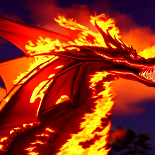 Image similar to hyperrealistic fire breathing dragon igniting the sky with its flames, 8 k.