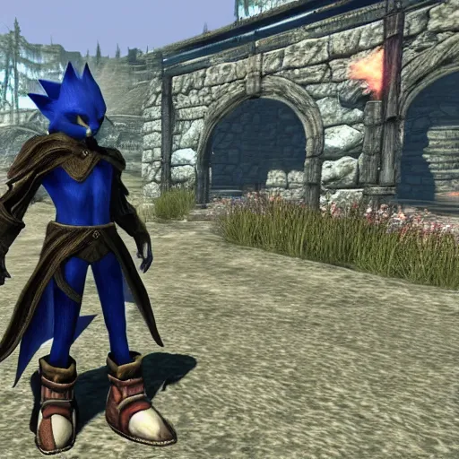 Prompt: A screenshot of the Sonic NPC in Skyrim