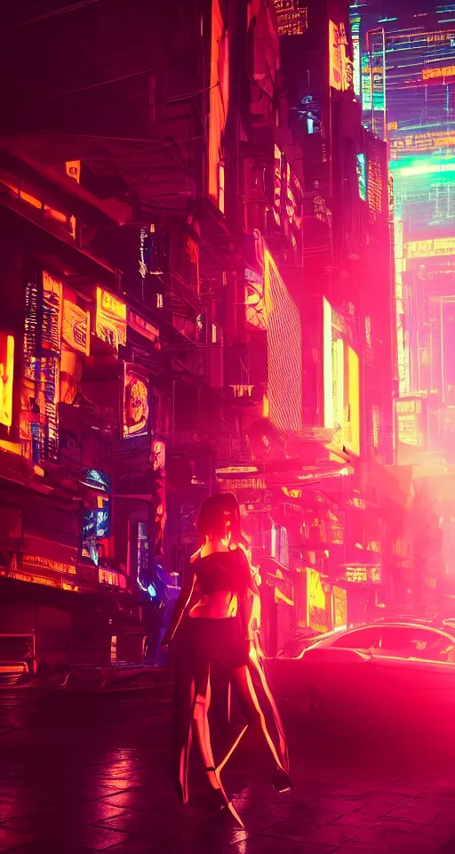 Image similar to sunset, cyberpunk women, city, neon lights, glow, atmospheric, cinematic, retrowave style,