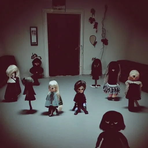 Prompt: “a room full of dolls creepy dark and scary”