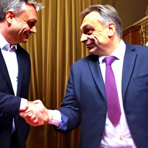 Image similar to Viktor Orban giving a handshake to Andrew Tate, Hyperrealistic, 8k UHG,