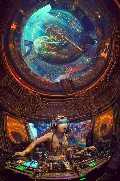 Image similar to a fisheye lens photo of a futuristic tribal dj tweaking and playing synthesizers in the most complicated and technical spiral fractal musical studio, powerful, cinematic, beautifully lit, by donato giancola, by artgerm, by karol bak, 3 d, perfect face and body, trending on artstation, octane render, 8 k