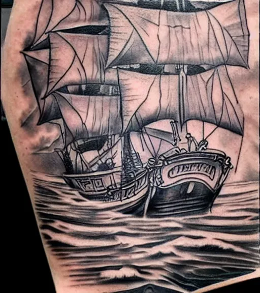 Prompt: a pirate ship, realism tattoo design, highly detailed tattoo, shaded tattoo, hyper realistic tattoo