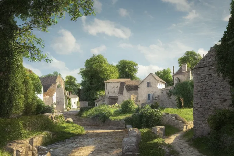 Prompt: A small medieval village with white rectangular architecture in an open field, a winding white stone pathwalk and a small brook running through, clear blue skies in the background, by Sylvain Sarrailh, D&D, high fantasy, 8k photorealistic, cinematic lighting, HD, high details, concept art, trending on artstation