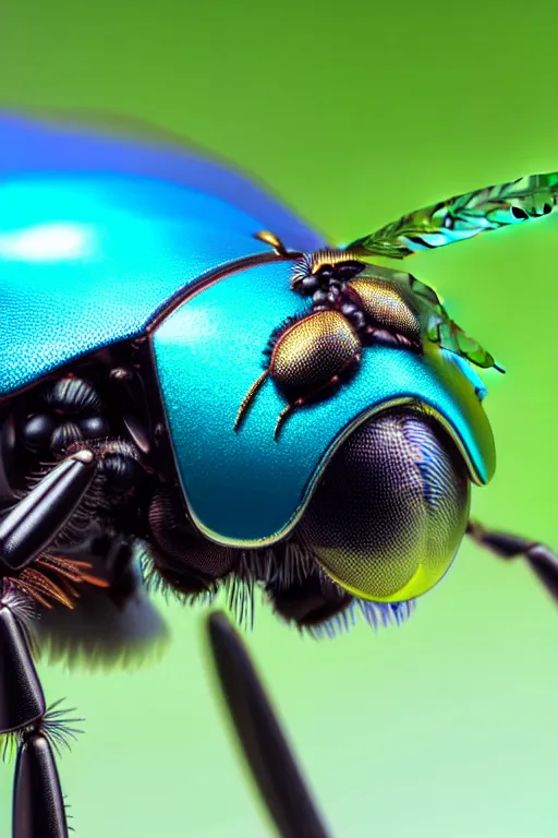 Image similar to high quality macro robot metallic tachinid fly! gorgeous highly detailed hannah yata elson peter cinematic turquoise lighting high quality low angle hd 8k sharp shallow depth of field