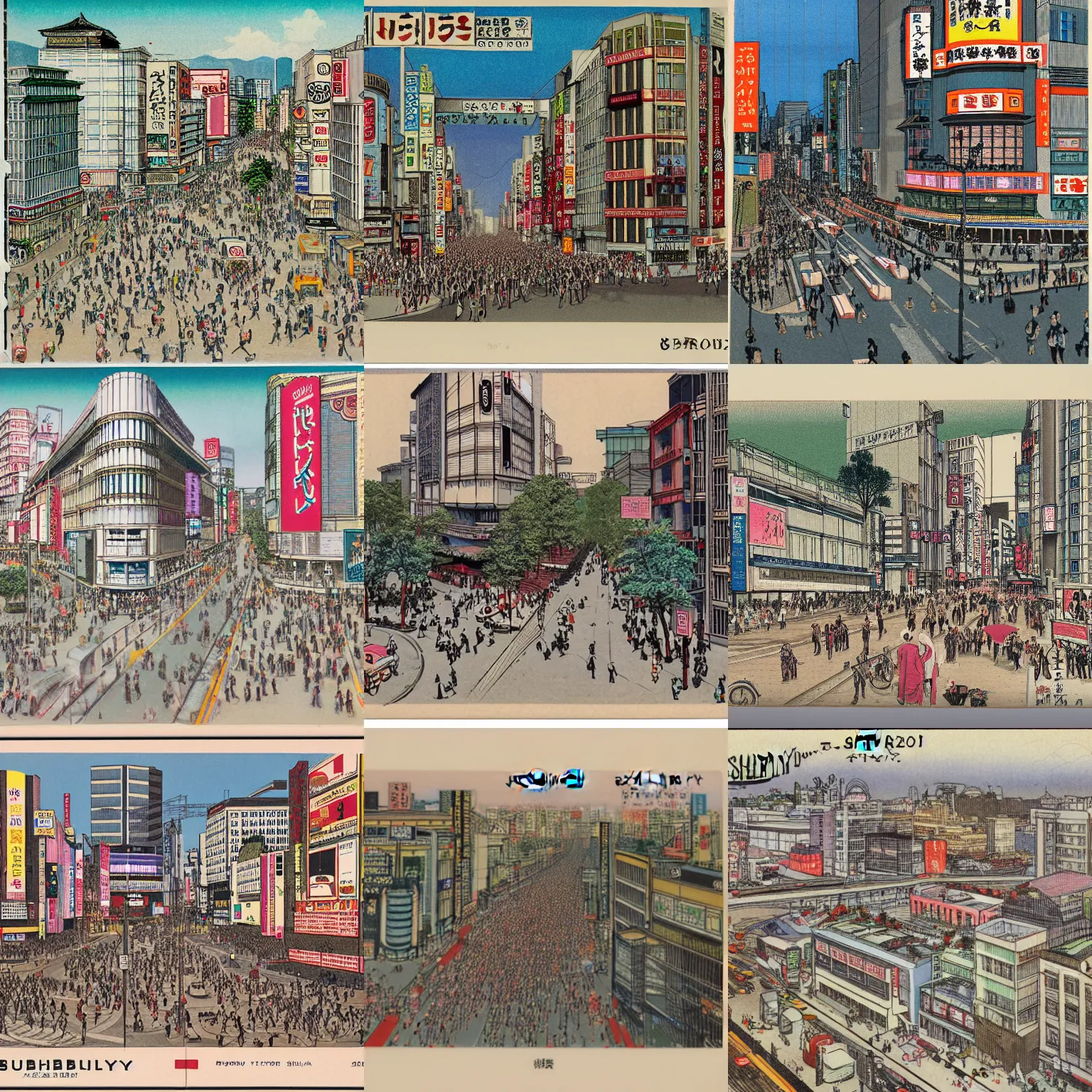 Prompt: detailed 2022 chromolithography of modern Shibuya on a postcard