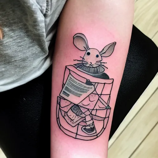 Image similar to tatoo skatch on girl's leg with cute rat reading newspapper sitting on mushroom