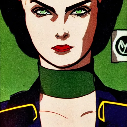 Image similar to brunette woman, short hair, flipped out ends hair, bright green eyes, fascistic military uniform, smirk, cartoon style