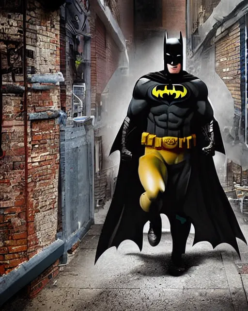 Image similar to happy batman firing supersoaker at happy criminals in an alleyway, product advertisement, photograph