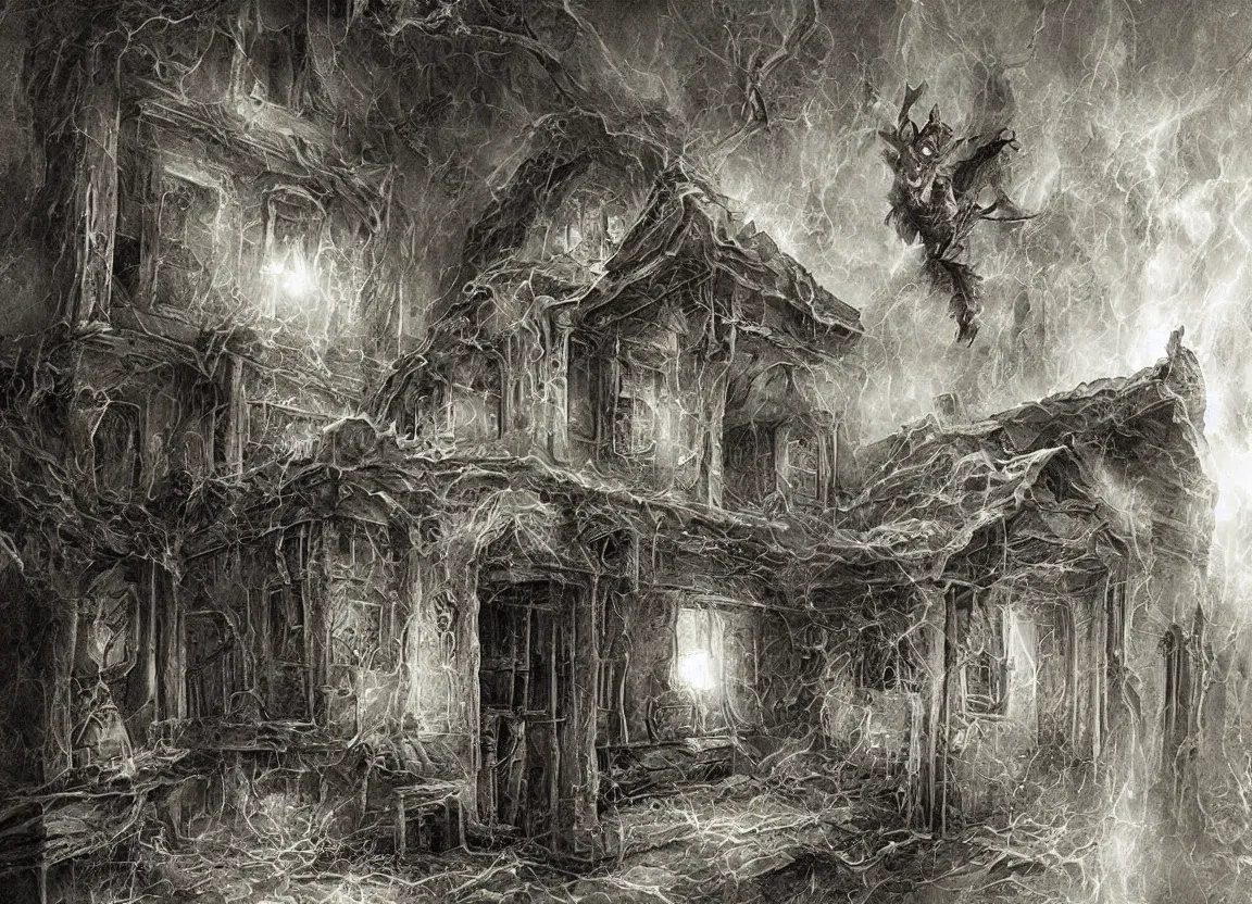 Image similar to a poltergeist inside a creepy house, fantasy art