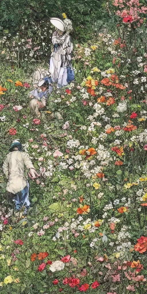 Image similar to oil painting scene from gardeners in the flower garden by kim jung gi