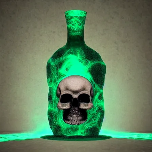 Prompt: potion, glass bottle, green glow, skull painting on the front, cork stopper digital art, render, unreal engine