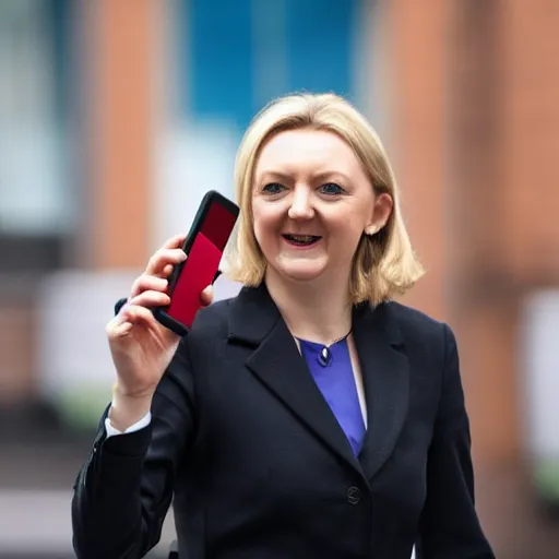 Image similar to liz truss using pork sausage as a phone