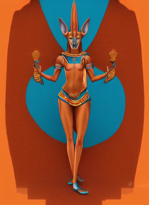 Prompt: Detailed symmetrical digital painting of Female Anubis wearing short Golden Clothing. orange and teal color palette, trending on Artstation