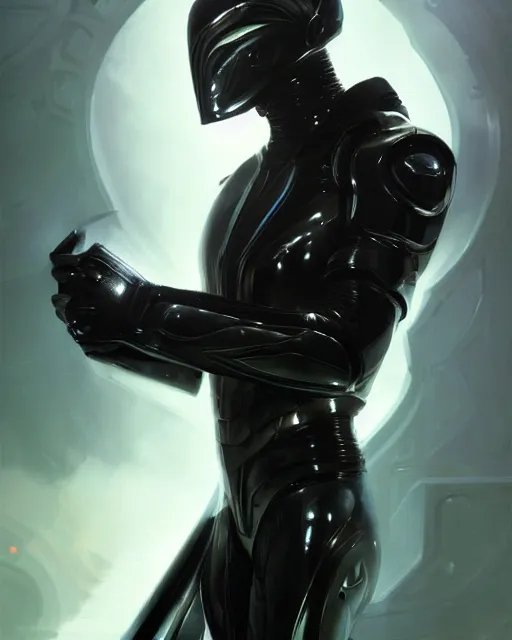 Image similar to iridescent sinewy smooth muscular male sleek glossy black pearlescent scifi armor with smooth black featureless helmet, by greg rutkowski, mark brookes, jim burns, tom bagshaw, trending on artstation