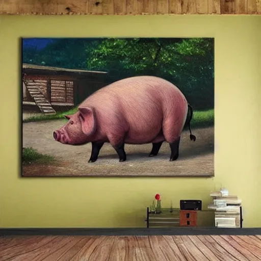 Image similar to giant pig painting walking through a village, surreal, photo realistic