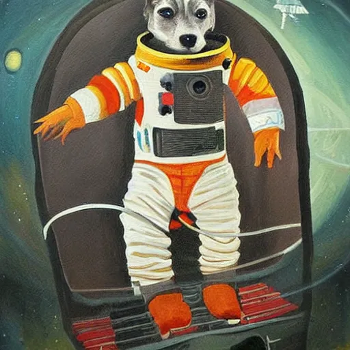 Prompt: a beautiful painting, dog in a space suite, by nikolay nekrasov, long shot