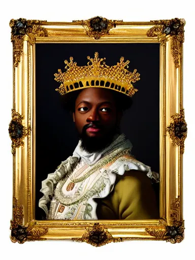 Prompt: rococo portrait of a black prince wearing a golden crown with pastel flowers, highly detailed, symmetrical, realistic, 8 k, digital painting, art by krenz cushart, kehinde wiley, artem demura