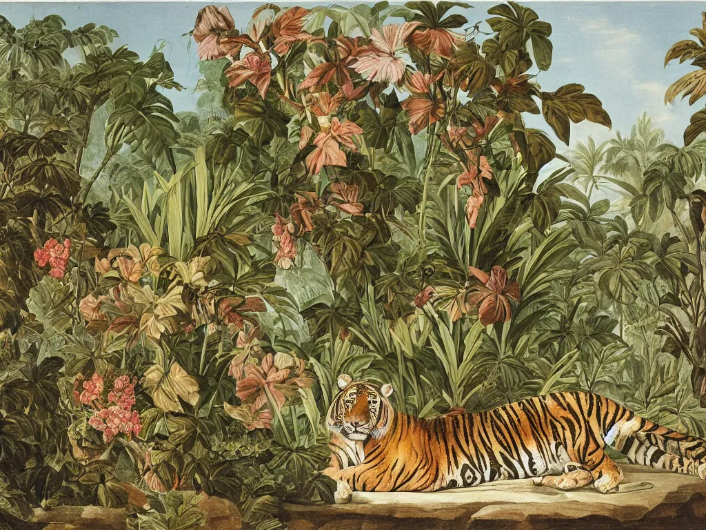 Prompt: muscular tiger, tropical plants in background, botanical, large exotic flowers, biology, painted by john audubon