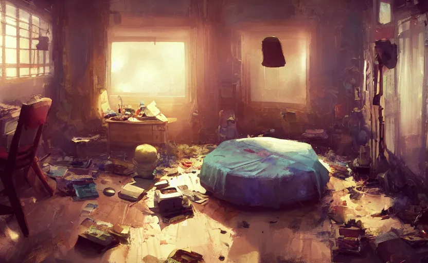 Prompt: a messy bedroom interior, scifi capsule apartment, painting by Craig Mullins, octane rendering, soft lighting, wide angle lens, worm's-eye view, in the style of Pixar animation, trending on artstation,