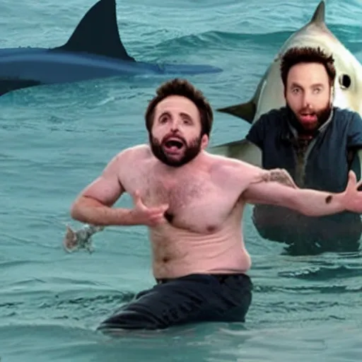 Prompt: Charlie Day from IASIP being eaten by a shark in the ocean.