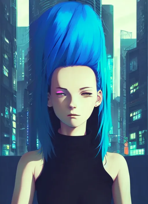 Image similar to hyper realistic photograph portrait of cyberpunk pretty girl with blue hair, wearing a tight black dress, in city street at night, by makoto shinkai, ilya kuvshinov, lois van baarle, rossdraws, basquiat