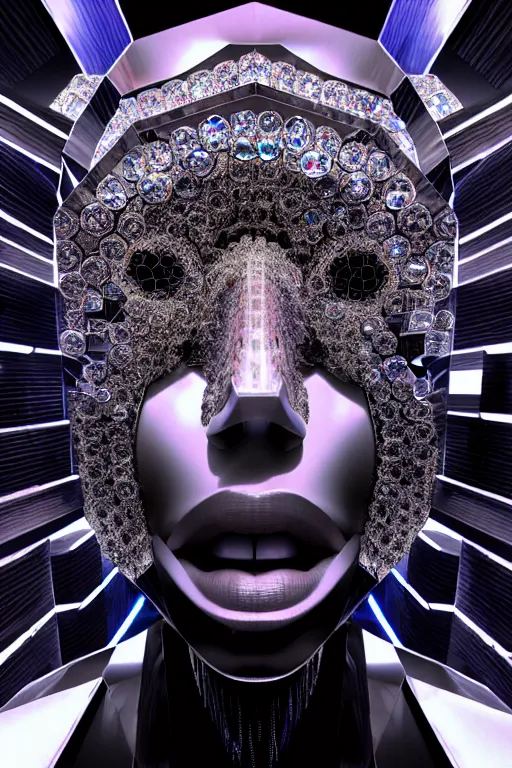 Image similar to hyperrealism, dreamland of chinese, halfturn portrait of a big crystal face made of crystals half - turn, ominous, slender and densely arranged teeth, futuristic, art deco, expressive, dystopian, cyberpunk, mecha, sss material, ominous, intricate, oc rendered, concept art, photorealistic, unreal engine render