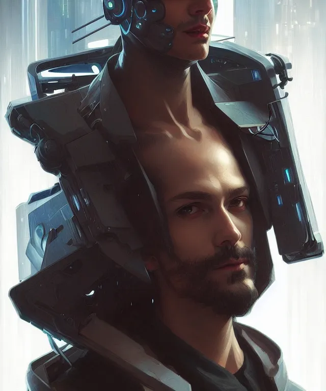 Image similar to Hacker cyberpunk man portrait, highly detailed, digital painting, artstation, concept art, smooth, sharp focus, illustration, art by artgerm and greg rutkowski and alphonse mucha