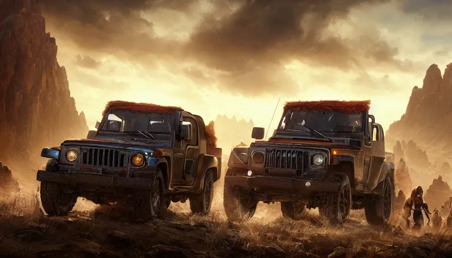 Prompt: mahindra thar, tribe members attacking, action scene, an epic fantasy, dramatic lighting, cinematic, establishing shot, extremely high detail, photorealistic, cinematic lighting, maxwell boas jessica rossier christian dimitrov anton fadeev, zaha hadid, trending on artstation, cgsociety, rendered in unreal engine 4 k hq