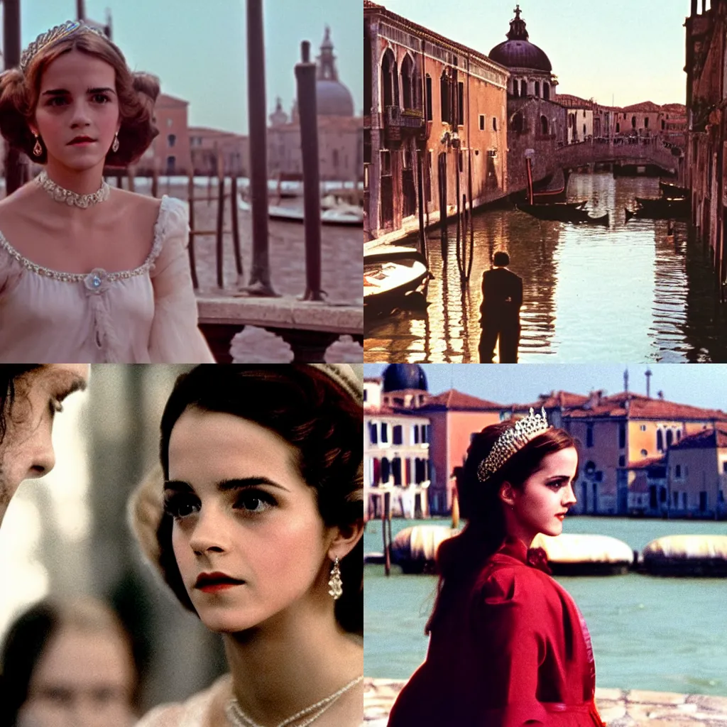 Prompt: scene of pulciana ( 1 9 7 6 ) a film of luchino visconti with a close up emma watson as a duchess. venice in the background. technicolor, flamboyant.