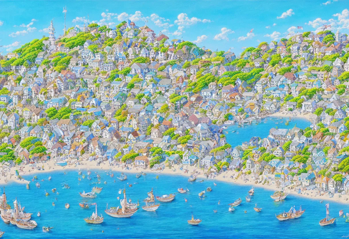 Image similar to a beautiful ultradetailed painting of a seaside town, sunny, close shot, studio ghibli sunlight, archdaily, wallpaper, highly detailed, trending on artstation