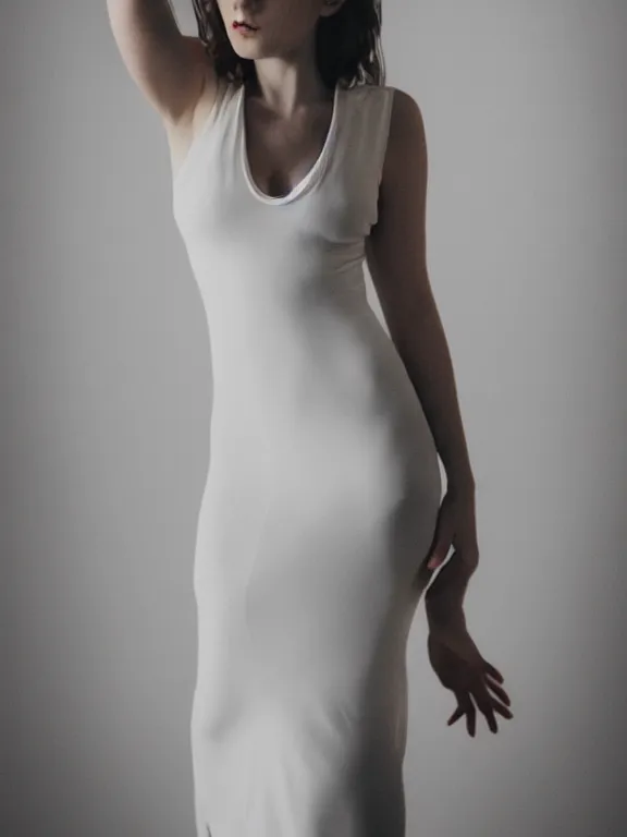 Prompt: 2 8 mm studio photo of gorgeous seductive emily skinner cosplaying annie leonhart wearing tight white dress, beautiful face, pale skin, rule of thirds, cinematic lighting, sharp focus, backlit, stunning, smooth, hard focus, glamour pose, full body shot