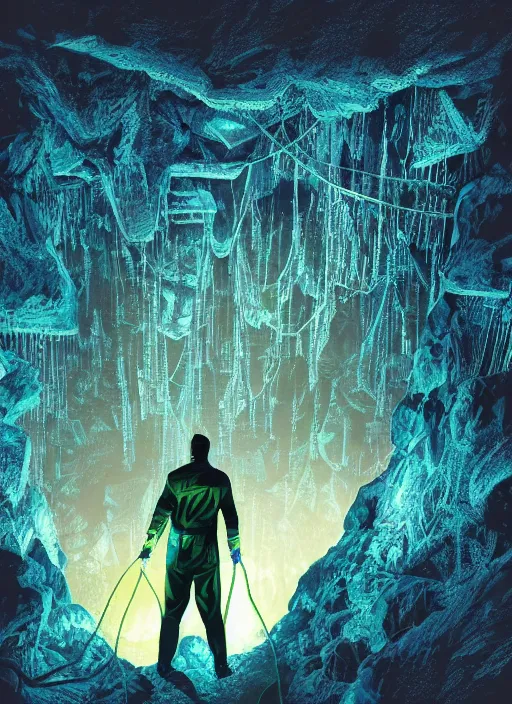 Prompt: comic book art of a [ man ] in trenchcoat with ( glowing ) [ gloves ] and [ boots ] crossing a [ old ] ( rope ) bridge in a [ jungle ] looking up at a [ mountain ] made of crystalized rock, a [ glowing tower ] extends into the sky, low angle, artstation illustration, elegant, arcane by tim doyle