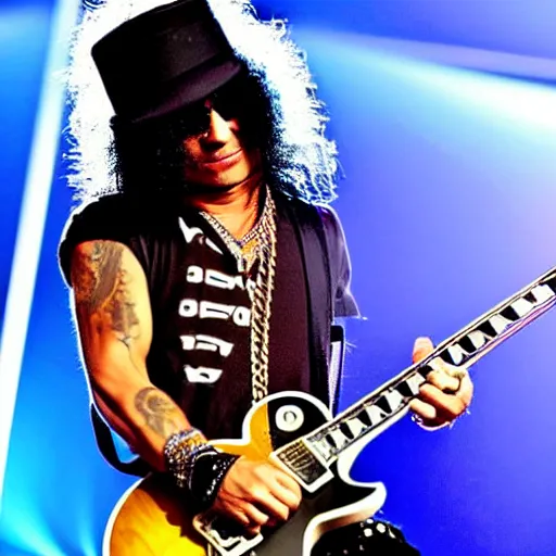 Prompt: A very cool picture of Slash from Guns n’ Roses playing guitar on his Les Paul