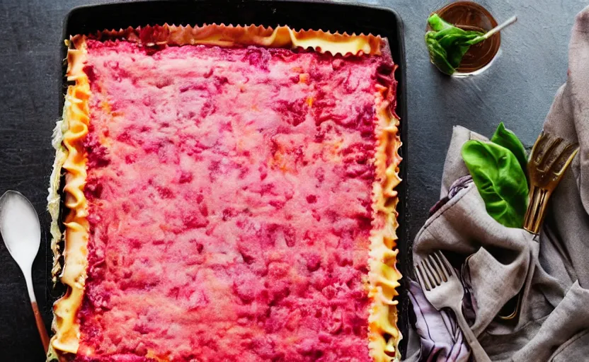 Image similar to pink lasagna, food photography, outdoors