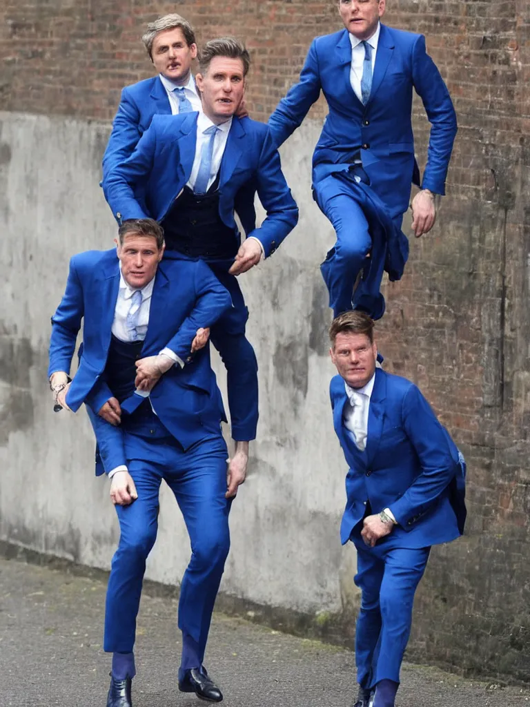 Prompt: Sir Kier Starmer wearing a blue suit piggy back on the street people are scared