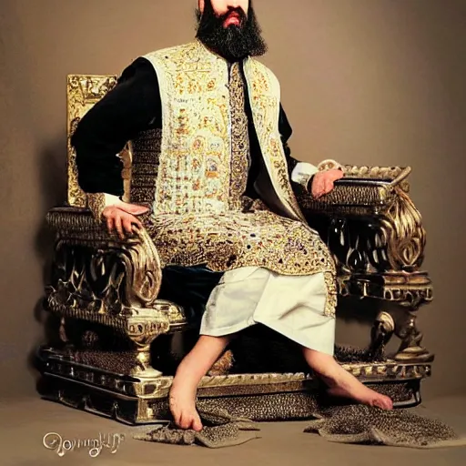 Prompt: A man with a beard, sitting on a throne, dressed in the clothes of a sultan. one leg is placed on the other, the hand is scratching his beard and thoughtfully looks at the thrown cubes on the table. Fantasy style