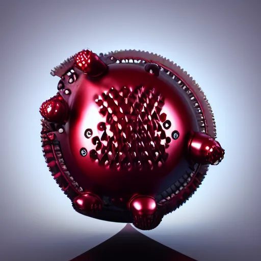 Prompt: a biomechanical raspberry made of metal, reflective, octane render