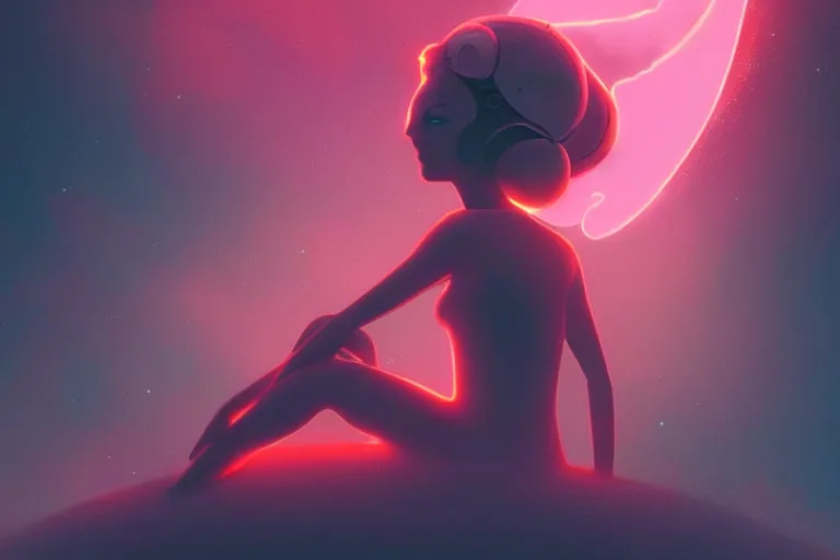 Image similar to a cute alien girl sitting on a cloud relaxing, misty, glows, digital painting, hazy, foggy, red lighting, ambient lighting, 8 k, neon, synthwave, cyberpunk,