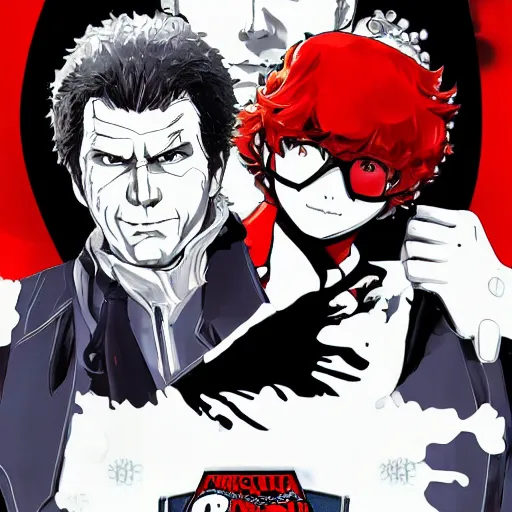 Prompt: will ferrell action portrait in the style of persona 5, atlus video game, video game cover featuring will ferrell, stylized anime art