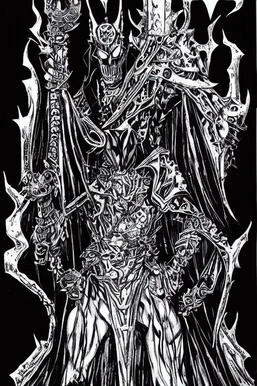 Image similar to black ink comic art eldritch portrait of a lich king cenobite by todd mcfarlane