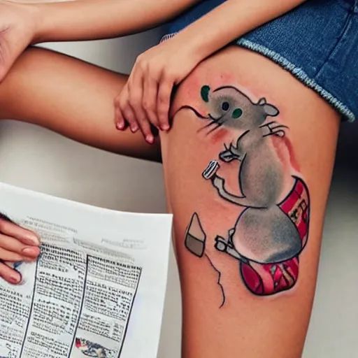 Prompt: tatoo on girl's leg with cute rat reading newspaper