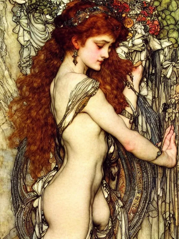 Prompt: Goddess. Extremely high detail, details, realistic, masterpiece, colorful. Portrait painting by Arthur Rackham, Eugene de Blaas, Frederic Leighton
