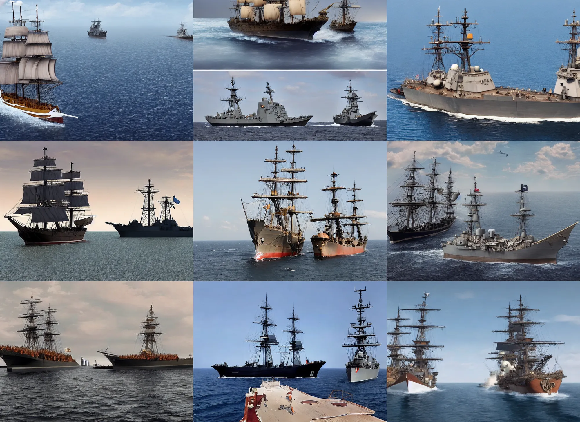 Image similar to a 1700s pirate ship sailing next to modern day US destroyer sailing side by side, hyper-realistic