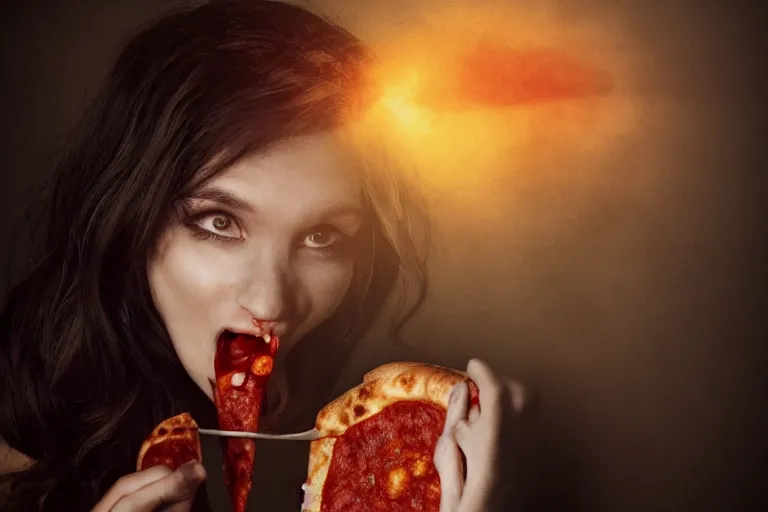 Image similar to A vampire eating a delicious pizza, studio portrait, dramatic lighting, trending on artstation