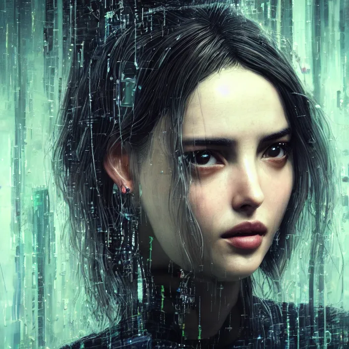 Image similar to portrait of Ana de Armas in the Matrix 2000. intricate abstract. intricate artwork. by Tooth Wu, wlop, beeple, dan mumford. octane render, trending on artstation, greg rutkowski very coherent symmetrical artwork. cinematic, hyper realism, high detail, octane render, 8k, iridescent accents